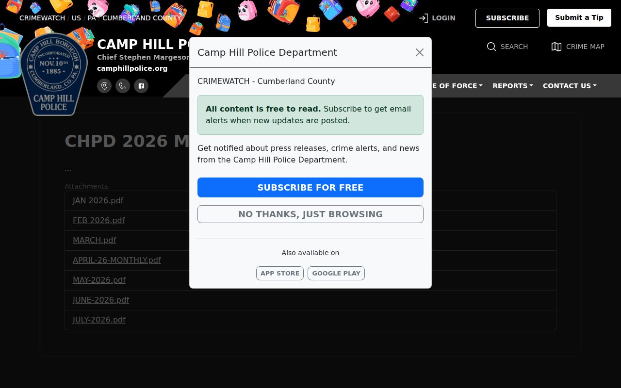 Camp Hill Police official monthly public-safety report index