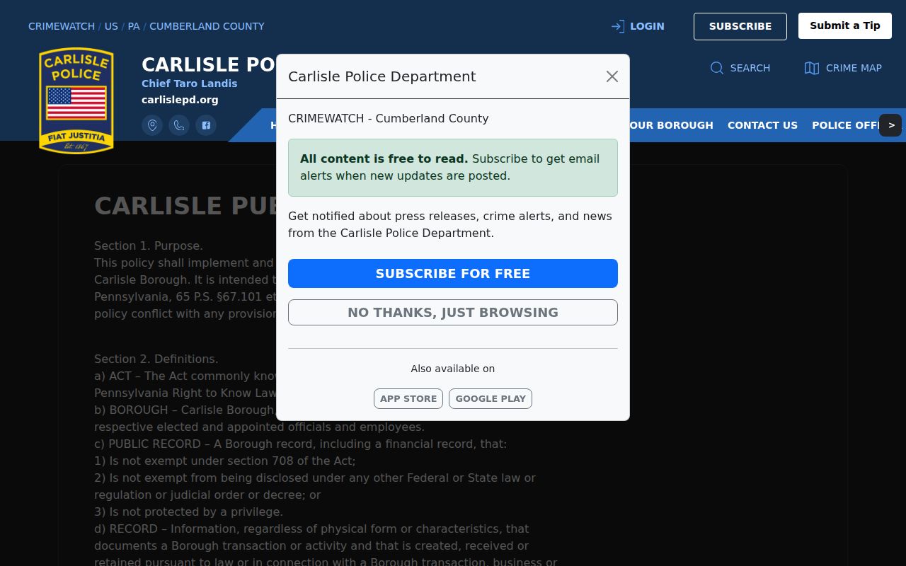Carlisle Borough public-records policy for police arrest records