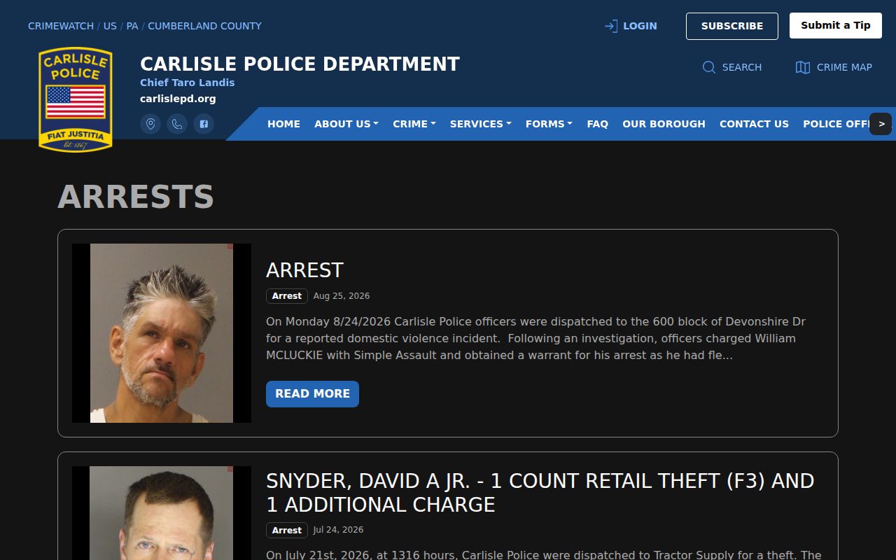 Carlisle Borough Police official arrest-record feed for Cumberland County