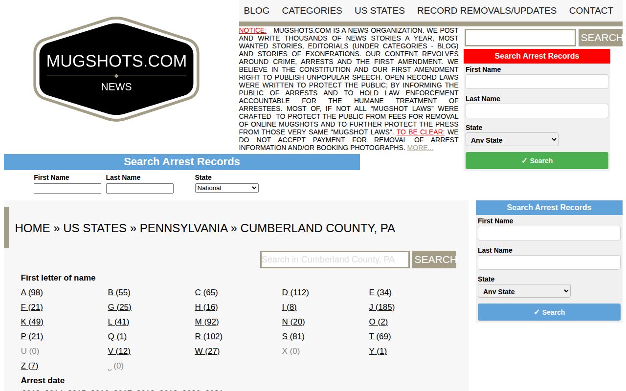 Unofficial historical Cumberland County mugshot archive source interface