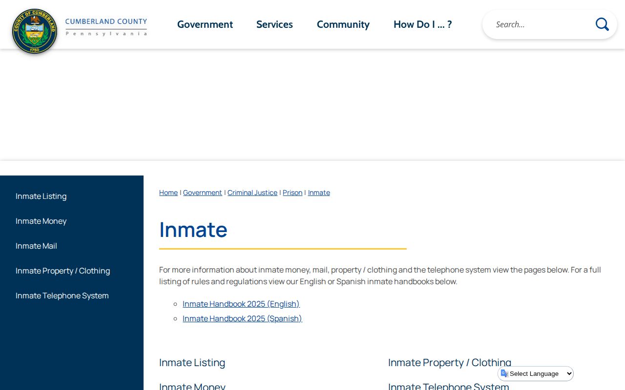 Cumberland County inmate page for current custody and booking record routes