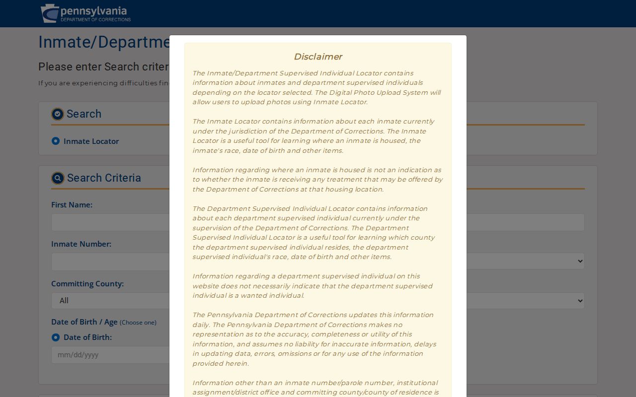 Pennsylvania Department of Corrections locator for state custody after Cumberland County cases