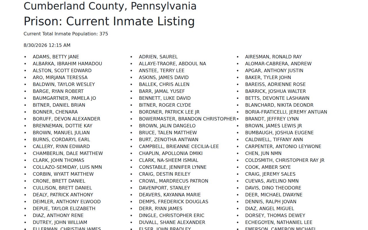 Cumberland County current inmate listing showing current-custody roster interface
