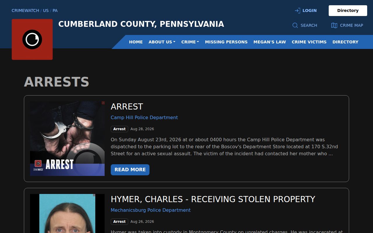 Cumberland County CRIMEWATCH arrest post interface for agency arrest records