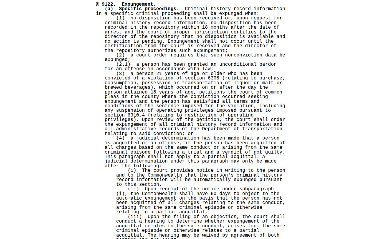 Pennsylvania CHRIA expungement record-access source for Cumberland County booking records